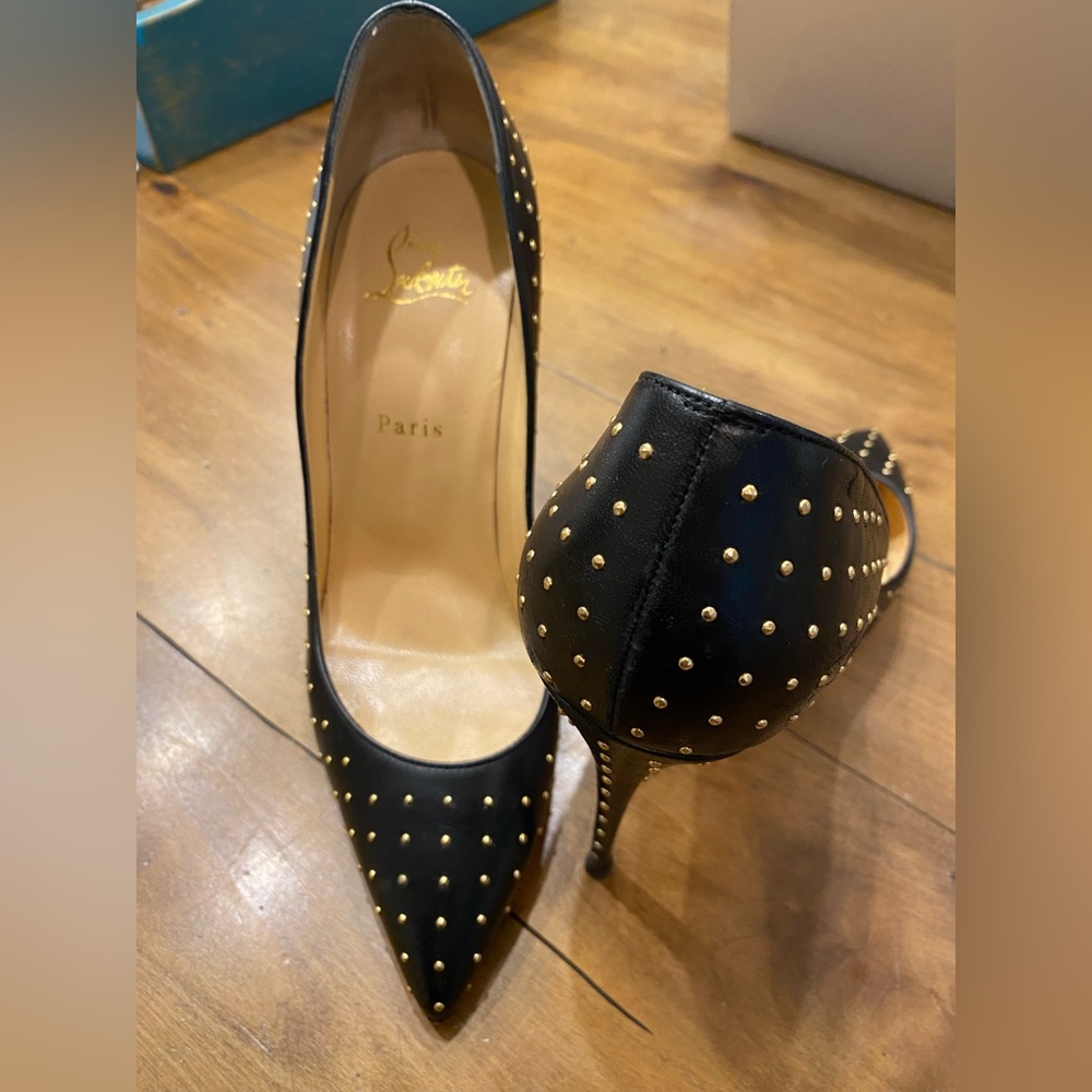 CHRISTIAN LOUBOUTIN PIGALLE FOLLIES PLUME 100 NAPPA BLACK/ANTIC GOLD Sz 40 US 9